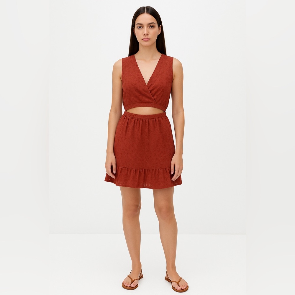 Zara Rust Eyelet Cutout Dress Size M Sleeveless Summer Boho Ruffle Hem